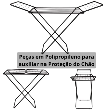Kit Varal Preto com Abas 1,43 M + Uma Pequena Cesta + 84 Grampos + 4 Protetores de Varal