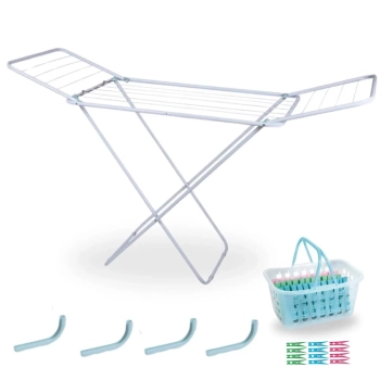 Kit Varal Branco com Abas 1,43 M + 1 Cesta + 60 Grampos + 4 Protetores de Varal