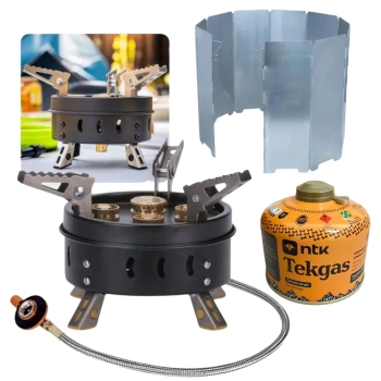 Kit Fogareiro Porttil Super Chama + Protetor de Vento Ntk + Cartucho de Gs 230g Tekgs