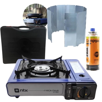 Kit Fogareiro Frontier Horizontal com Maleta + Refil de Gs Campgs + Protetor de Vento Ntk