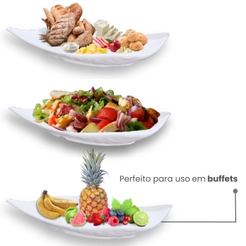 Kit 2 Travessas para Salada / Fruteira 37,3 Cm + 1 Travessa Retangular 30 Cm Melamina Branca Restaurante