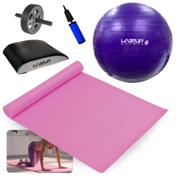 Kit Bola Sua 55 Cm + Colchonete Eva Pilates + Roda Abdominal + Almofada Apoio Lombar + Mini Bomba