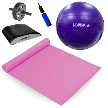 Kit Bola Sua 55 Cm + Colchonete Eva Pilates + Roda Abdominal + Almofada Apoio Lombar + Mini Bomba