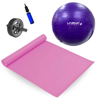 Kit Bola 55 Cm Roxa Yoga e Pilates + Colchonete Eva Rosa + Roda Abdominal + Mini Bomba