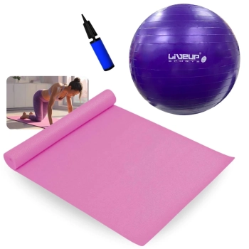 Kit Bola Sua 55 Cm Roxa + Colchonete Rosa em Eva para Yoga e Pilates + Mini Bomba