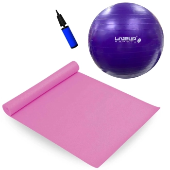 Kit Bola Sua 55 Cm Roxa + Colchonete Rosa em Eva para Yoga e Pilates + Mini Bomba