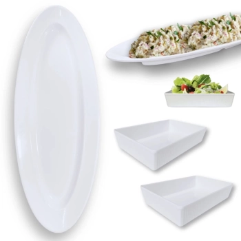 Kit Prato Oval 60 Cm + 2 Travessas 20,3 Cm Retangular Estriada Melamina Profissional Buffet Restaurante