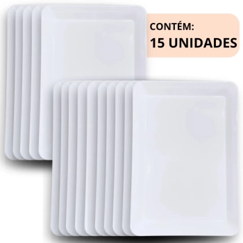 Kit 15 Travessas Prato 30 Cm Retangular para Buffet Restaurante Melamina Premium Profissional Branca