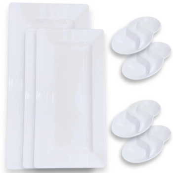 Kit 2 Travessas 44,5 Cm + Travessa 56 Cm Retangular + 4 Petisqueiras 3 Divisrias para Restaurante Buffet