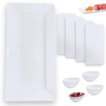 Kit Travessa 56 Cm Retangular + 4 Pratos Retos 27 Cm + 4 Molheiras Formato Gota Restaurante Buffet