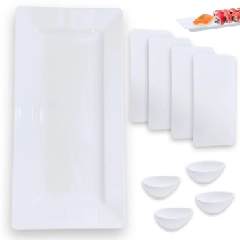 Kit Travessa 56 Cm Retangular + 4 Pratos Retos 27 Cm + 4 Molheiras Formato Gota Restaurante Buffet