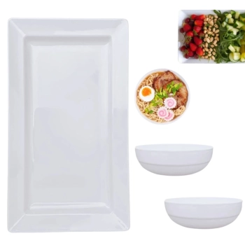 Kit Travessa 56 Cm Retangular + 2 Tigelas 1,5 L Cumbuca Redonda para Restaurante em Melamina