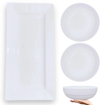 Kit Travessa 56 Cm Retangular + 2 Tigelas 1,5 L Cumbuca Redonda para Restaurante em Melamina