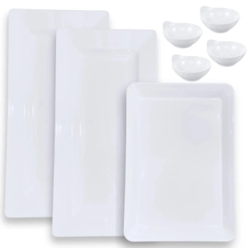 Kit 2 Travessas 44,5 Cm + Travessa 40 Cm Retangulares + 4 Molheiras em Melamina Premium