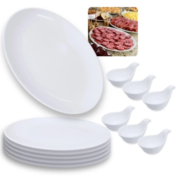 Kit 6 Travessas 33 Cm Prato Oval + 6 Colheres em Melamina Premium Finger Food Buffet