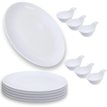 Kit 6 Travessas 33 Cm Prato Oval + 6 Colheres em Melamina Premium Finger Food Buffet