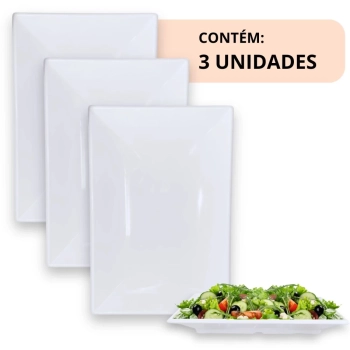 Kit 3 Travessas 40,5 Cm Retangular para Buffet Restaurante Profissional Prato Melamina Branca