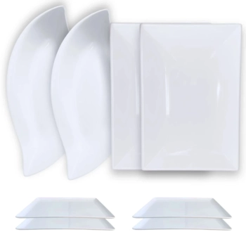 Kit 2 Travessas 40,5 Cm + 2 Travessas Formato Folha 50 Cm + 4 Pratos Melamina 24,8 Cm