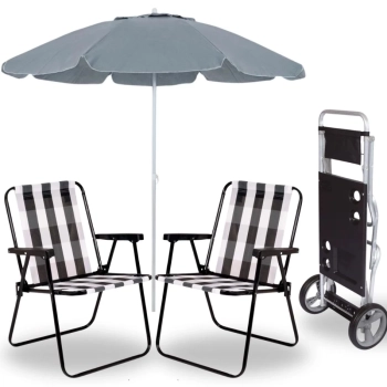 Kit 2 Cadeiras de Praia Alta Retro + Guarda Sol 2 Metros + Carrinho de Praia com Avano