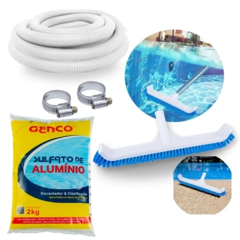 Kit Escova Curva 44 Cm + Mangueira 32mm 4 M + Sulfato de Alum�nio Decantador Piscinas Fibra/ Alvenaria