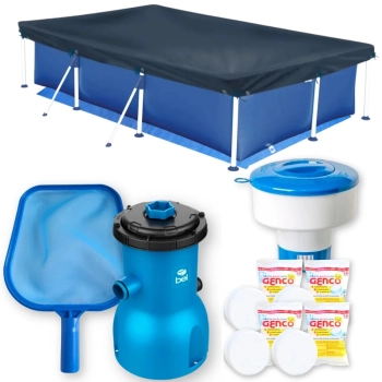 Kit Piscina 2500 L + Capa e Forro + Filtro 110v 3028 L/H Bel + Flutuador + Peneira + Cloro