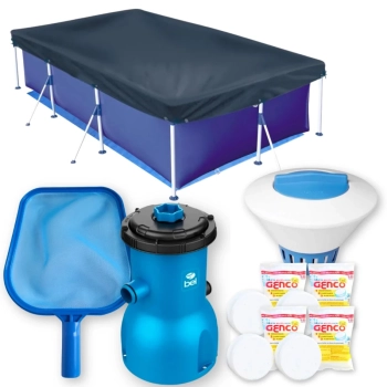 Kit Piscina 3700 L + Flutuador + Capa + Forro + Filtro 110v Bel + Peneira + Pastilha Cloro