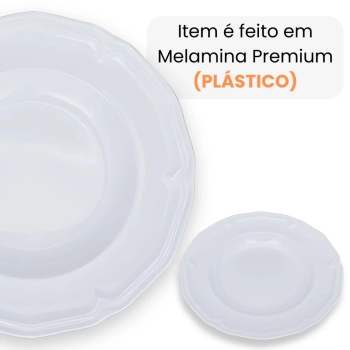Kit Conjunto de 4 Pratos Fundos Brancos 22,5 Cm Borda Decorada Melamina / Pl�stico