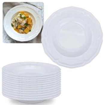 Kit Conjunto 12 Pratos Fundos Brancos 22,5 Cm Borda Decorada em Melamina / Pl�stico