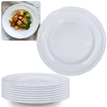 Kit Conjunto de 8 Pratos Rasos Brancos 26,5 Cm Borda Decorada em Melamina / Pl�stico