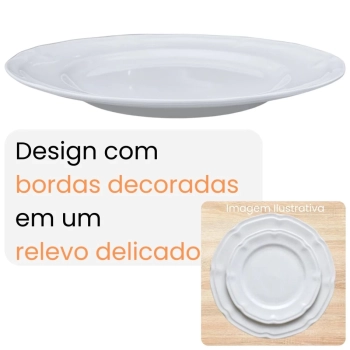 Kit Conjunto de 8 Pratos Rasos Brancos 26,5 Cm Borda Decorada em Melamina / Pl�stico