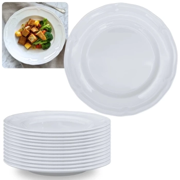 Kit Conjunto 12 Pratos Rasos Brancos 26,5 Cm Borda Decorada em Melamina / Pl�stico