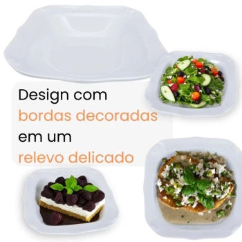 Kit Conjunto 4 Pratos Fundos 22,5 Cm + 2 Tigelas Quadradas 250 Ml com Bordas Decoradas Melamina / Pl�stico