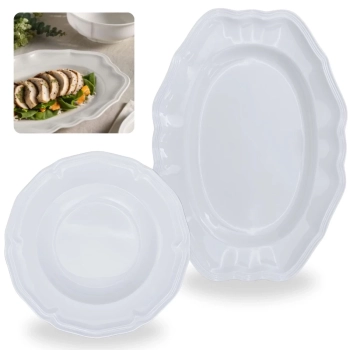 Kit Conjunto 6 Pratos Fundos 22,5 Cm + 2 Travessas 36 Cm Rasas Bordas Decoradas Melamina / Pl�stico