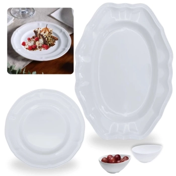 Kit 4 Pratos de Sobremesa 17 Cm + 2 Molheiras Gota + Travessa 36 Cm Borda em Relevo Melamina / Pl�stico