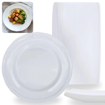 Kit Conjunto de 6 Pratos Rasos Brancos 26,5 Cm + Travessa Curva 30 Cm Melamina / Pl�stico