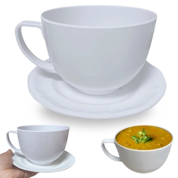 Kit 4 Pratos de Sobremesa 17 Cm Borda em Relevo + 4 X�caras para Sopa 700 Ml Melamina / Pl�stico