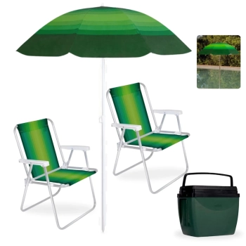 Kit Guarda Sol Fps 70 1,50 M Sortido + 2 Cadeiras de Praia Alta Alumnio + Caixa Trmica 18l Piscina
