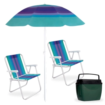 Kit Guarda Sol Fps 70 1,50 M Sortido + 2 Cadeiras de Praia Alta Alumnio + Caixa Trmica 18l Piscina