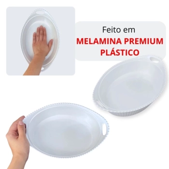 Kit Tigela Travessa Retangular 25,3 Cm + Tigela Oval 27,7 Cm Ondulada em Melamina Premium