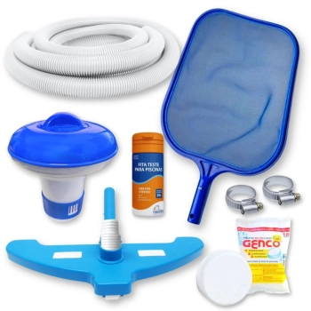 Kit Mangueira 2m 32mm + Aspirador + Peneira + Flutuador + Cloro + Fita Prova Cloro, Ph e Alcalinidade para Piscinas