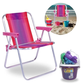 Kit Cadeira de Praia Infantil Rosa + Baldinho de Praia com 8 Peas em Cores Sortidas