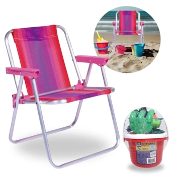 Kit Cadeira de Praia Infantil Rosa + Baldinho de Praia com 8 Peas em Cores Sortidas
