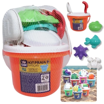 Kit Bola Pula Pula 60 Cm Azul com Ala + Baldinho de Praia com 8 Peas em Cores Sortidas
