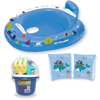 Kit Boia Bote Infantil com Fralda Azul + Boia de Brao Infantil + Baldinho de Praia com 8 Peas em Cores Sortidas