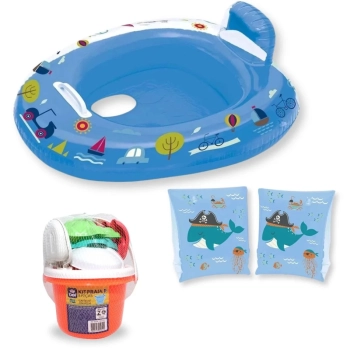 Kit Boia Bote Infantil com Fralda Azul + Boia de Brao Infantil + Baldinho de Praia com 8 Peas em Cores Sortidas