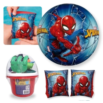 Kit Bola 34 Cm + Boia de Brao Homem Aranha + Baldinho de Praia com 8 Peas em Cores Sortidas