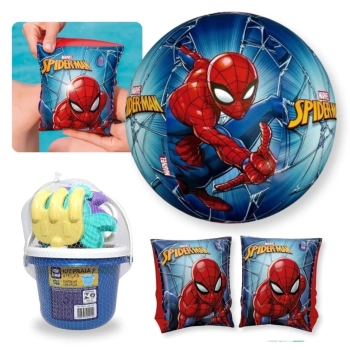 Kit Bola 34 Cm + Boia de Brao Homem Aranha + Baldinho de Praia com 8 Peas em Cores Sortidas