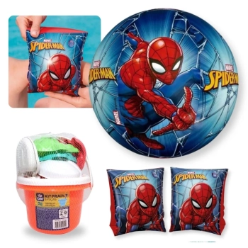 Kit Bola 34 Cm + Boia de Brao Homem Aranha + Baldinho de Praia com 8 Peas em Cores Sortidas