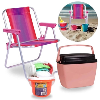 Kit Cadeira de Praia Infantil Rosa + Caixa Termica 6 Litros Rosa + Baldinho de Praia com 8 Peas