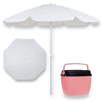 Kit Guarda Sol Bagum e Aluminio 1,60 Metros + Caixa Trmica 18 Litros Rosa Pssego com Ala Mor